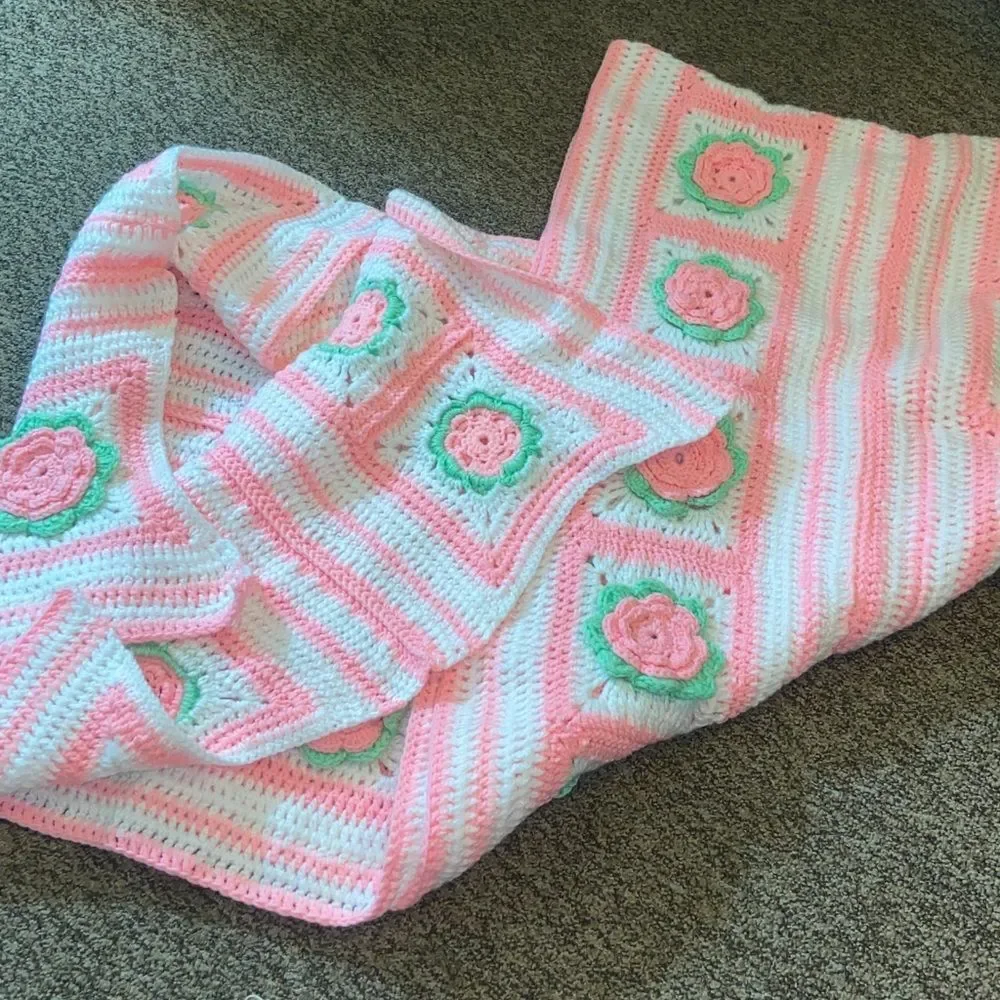 Pink and White Crochet Blanket with Floral Design Handmade 335X29” Approximate